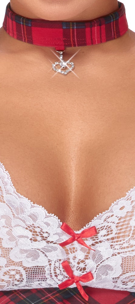 Detailansicht des Cottelli COSTUMES Schuluniform-Kostüms mit Karo-Halsband, weißer Spitze und rotem Schleifchen