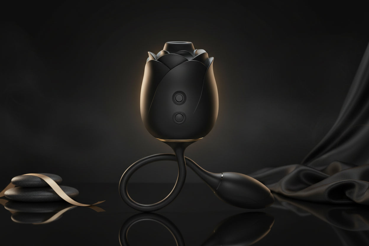 Dark Blushing Rose 2in1 Vibrator in Schwarz mit Pulsator in Rosenform und Vibro-Ei aus softem Silikon