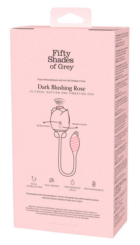 Fifty Shades Dark Blushing Rose Verpackung Rückseite mit Übersicht zu Funktionen wie Dual-Stimulation und Modi