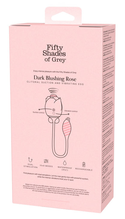 Fifty Shades Dark Blushing Rose Verpackung Rückseite mit Übersicht zu Funktionen wie Dual-Stimulation und Modi
