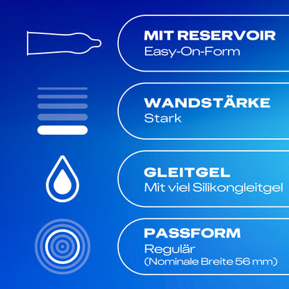 Übersicht der Eigenschaften von Durex Hautnah latexfreien Kondomen mit Easy-On Form und Silikongleitgel