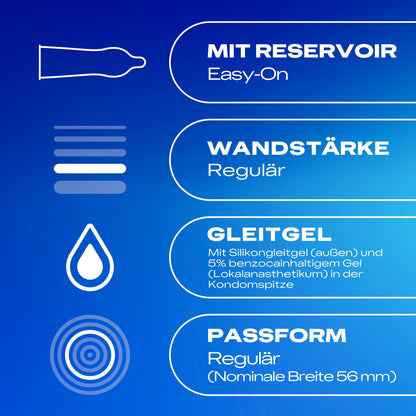 Durex Performa Kondome Produkteigenschaften mit Easy-on-Form, regulärer Wandstärke und 56 mm nominaler Breite