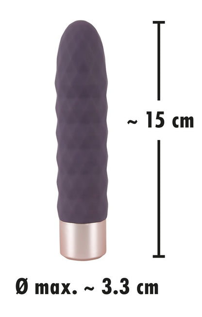Elegant Series Diamond Vibe in Größenansicht mit schlankem strukturiertem Schaft und dargestellten Produktmaßen
