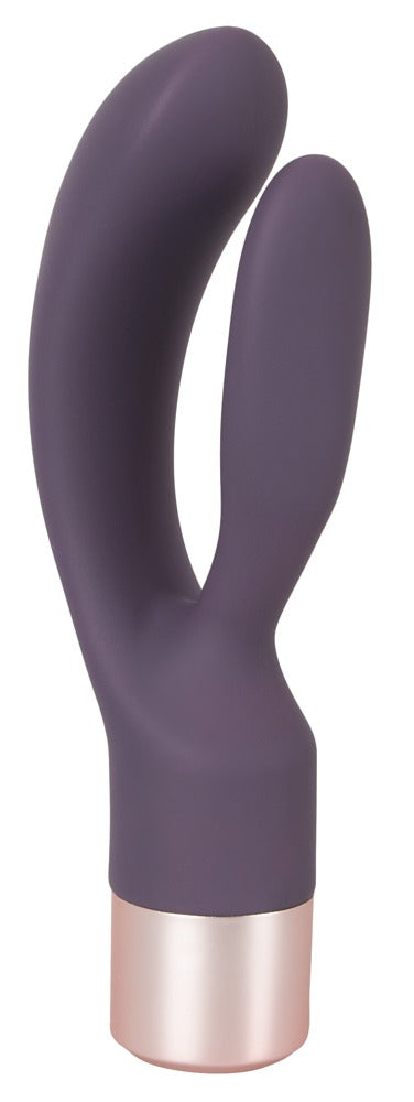 Elegant Series Double Vibe Rabbitvibrator in Lila in Hauptansicht mit gebogenem Schaft, flexiblem Klitorisstimulator und metallisch abgesetztem Sockel