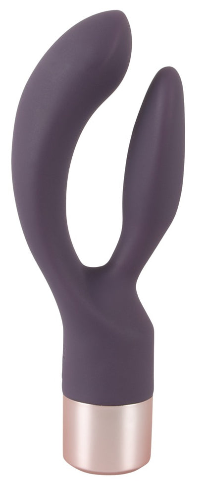 Elegant Series Double Vibe in schräger Perspektivansicht mit zwei flexiblen Stimulationsarmen und ergonomischer Form