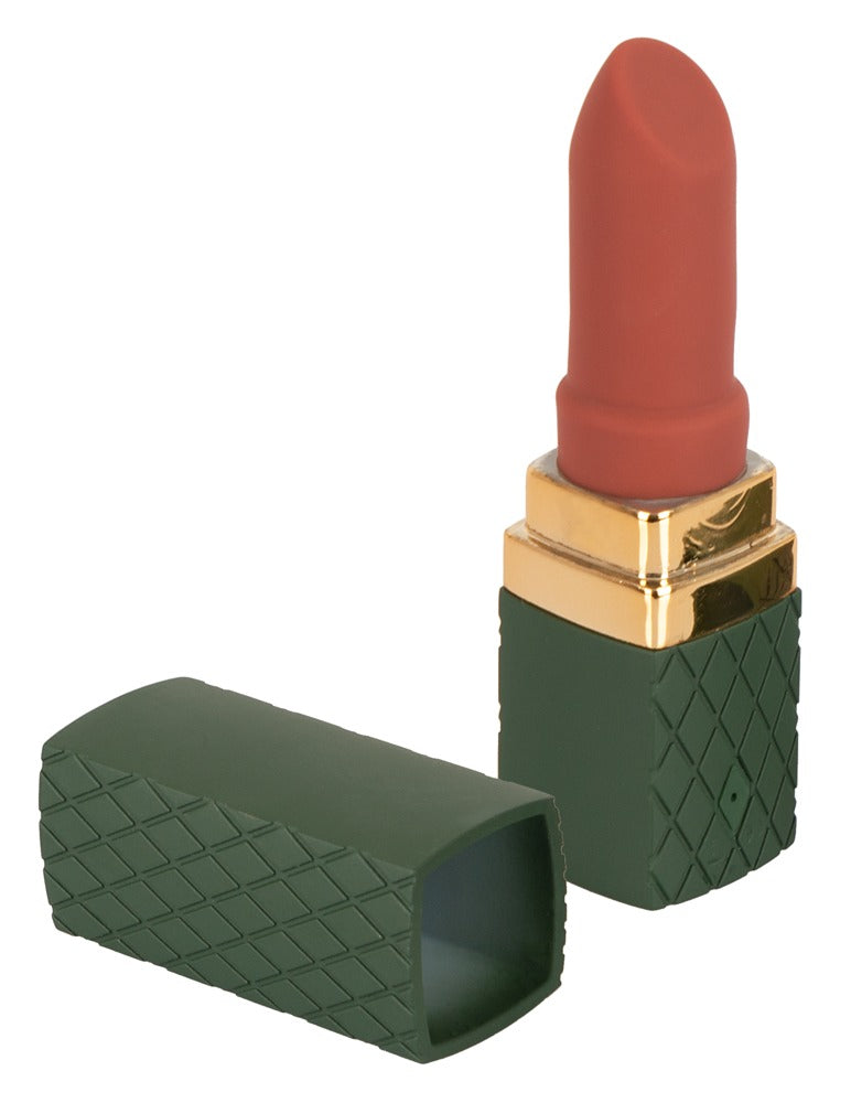 Emerald Love Luxurious Lipstick Vibrator in Grün in geöffneter Hauptansicht mit roter Soft-Touch-Spitze und goldfarbenem Detail