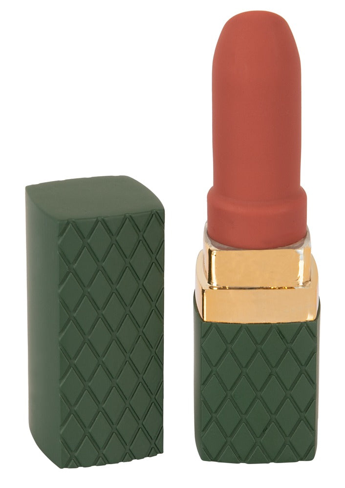 Emerald Love Luxurious Lipstick Vibrator in geöffneter Vorderansicht mit roter abgerundeter Stimulationsspitze und grüner Hülle