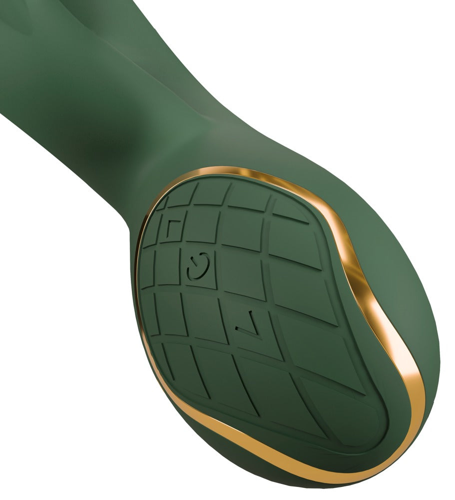 Emerald Love Luxurious Rabbit Vibrator in Detailansicht mit goldfarbenem Bedienfeld am Griff