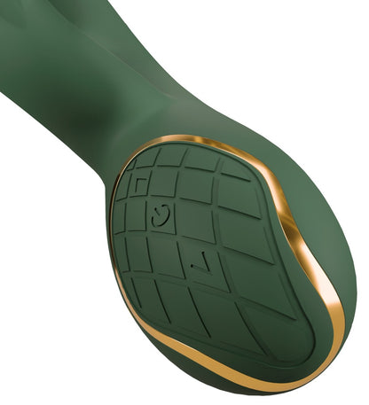 Emerald Love Luxurious Rabbit Vibrator in Detailansicht mit goldfarbenem Bedienfeld am Griff