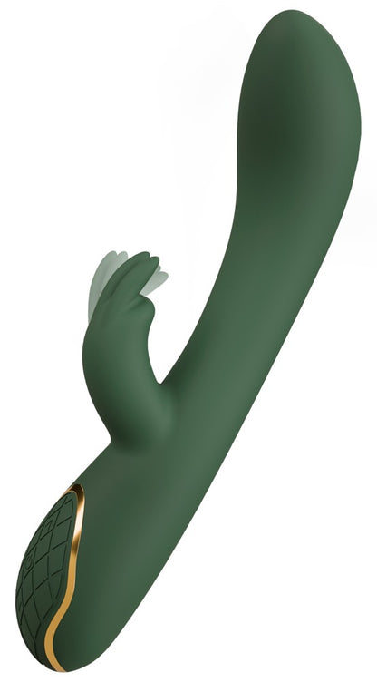 Emerald Love Luxurious Rabbit Vibrator in Grün in schräger Ganzansicht mit zwei Stimulationsbereichen und goldfarbenem Bedienelement