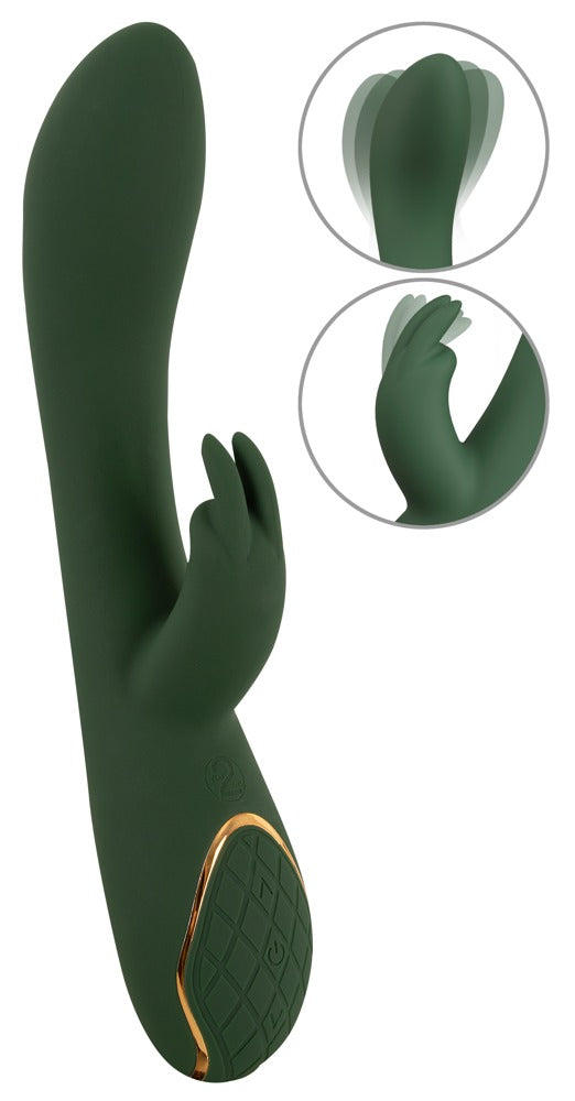 Emerald Love Luxurious Rabbit Vibrator in Grün in Hauptansicht mit gebogenem Schaft, flexiblem Rabbit-Arm und goldfarbenem Bedienfeld