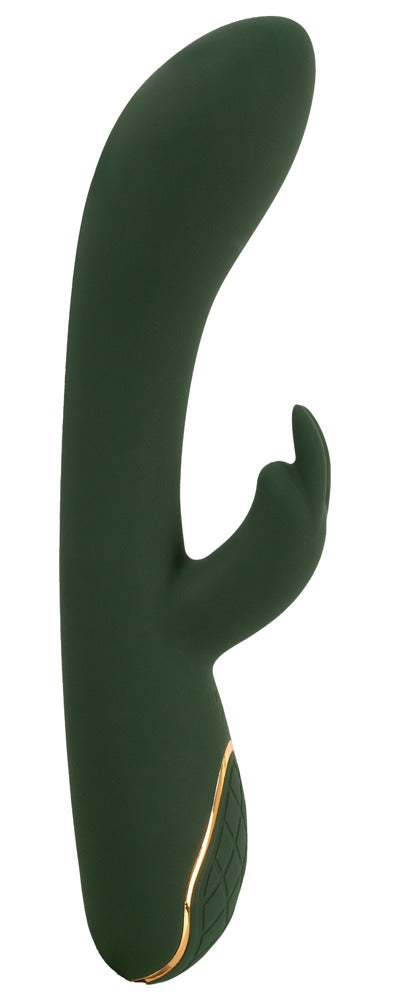 Emerald Love Luxurious Rabbit Vibrator in schräger Perspektivansicht mit gebogenem Schaft und flexiblem Rabbit-Arm