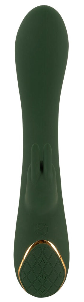 Emerald Love Luxurious Rabbit Vibrator in Grün in Seitenansicht mit schlankem Schaft und integriertem Stimulationsarm