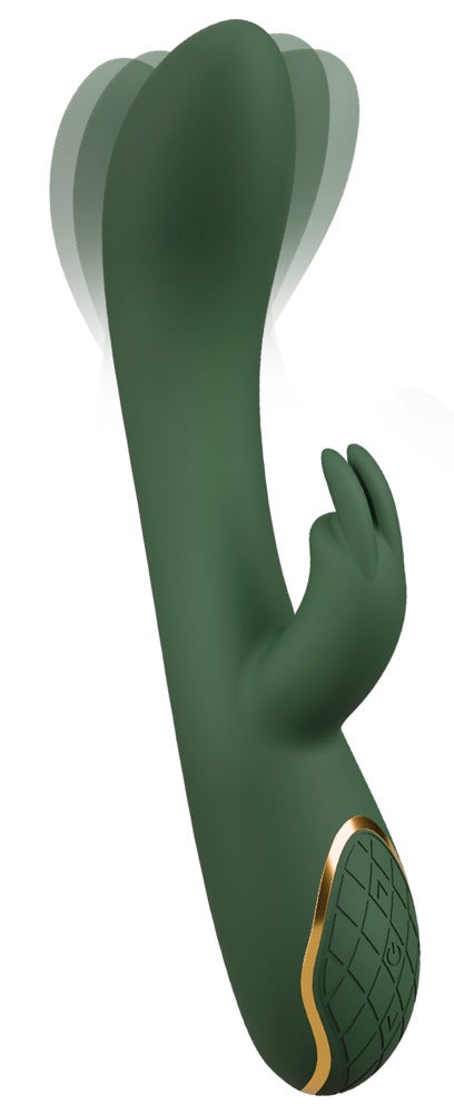 Emerald Love Luxurious Rabbit Vibrator in Seitenprofil mit gebogenem Schaft und außenliegendem Stimulationsarm