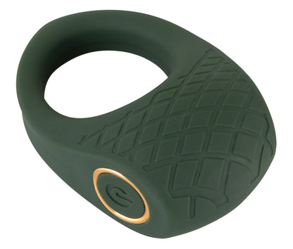 Emerald Love Luxurious Vibro Cock Ring in Grün in Hauptansicht mit großem Ring, strukturiertem Stimulator und goldfarbenem Bedienknopf