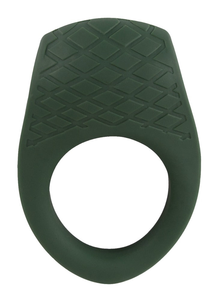 Emerald Love Luxurious Vibro Cock Ring in Vorderansicht mit elastischer Ringöffnung und grünem Stimulationskörper