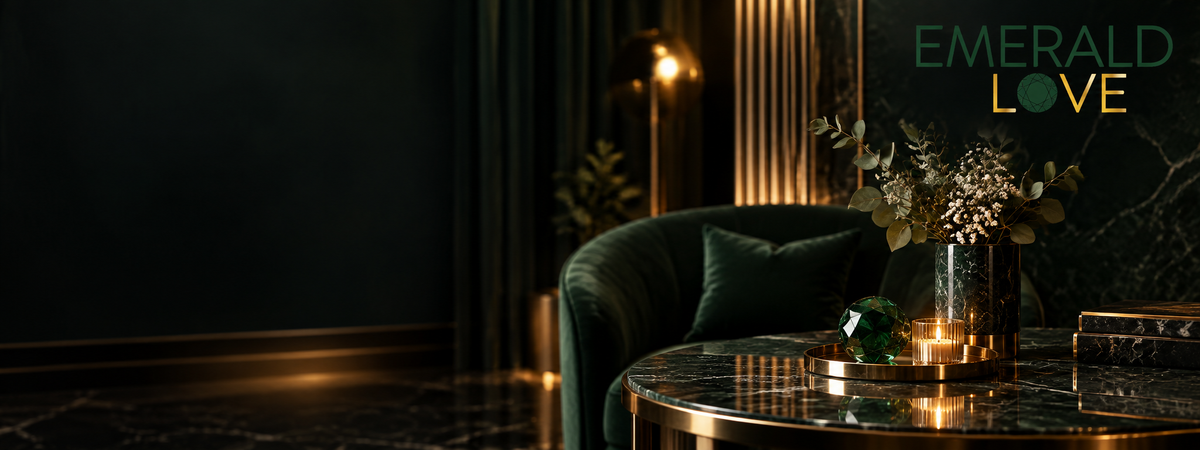Emerald Love Markenwelt mit smaragdgrünem Samt, goldenen Akzenten und luxuriösem dunklem Premium-Interieur