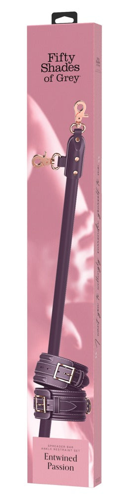 Verpackung der Entwined Passion Spreizstange mit Fußfesseln in eleganter lilafarbener Gestaltung