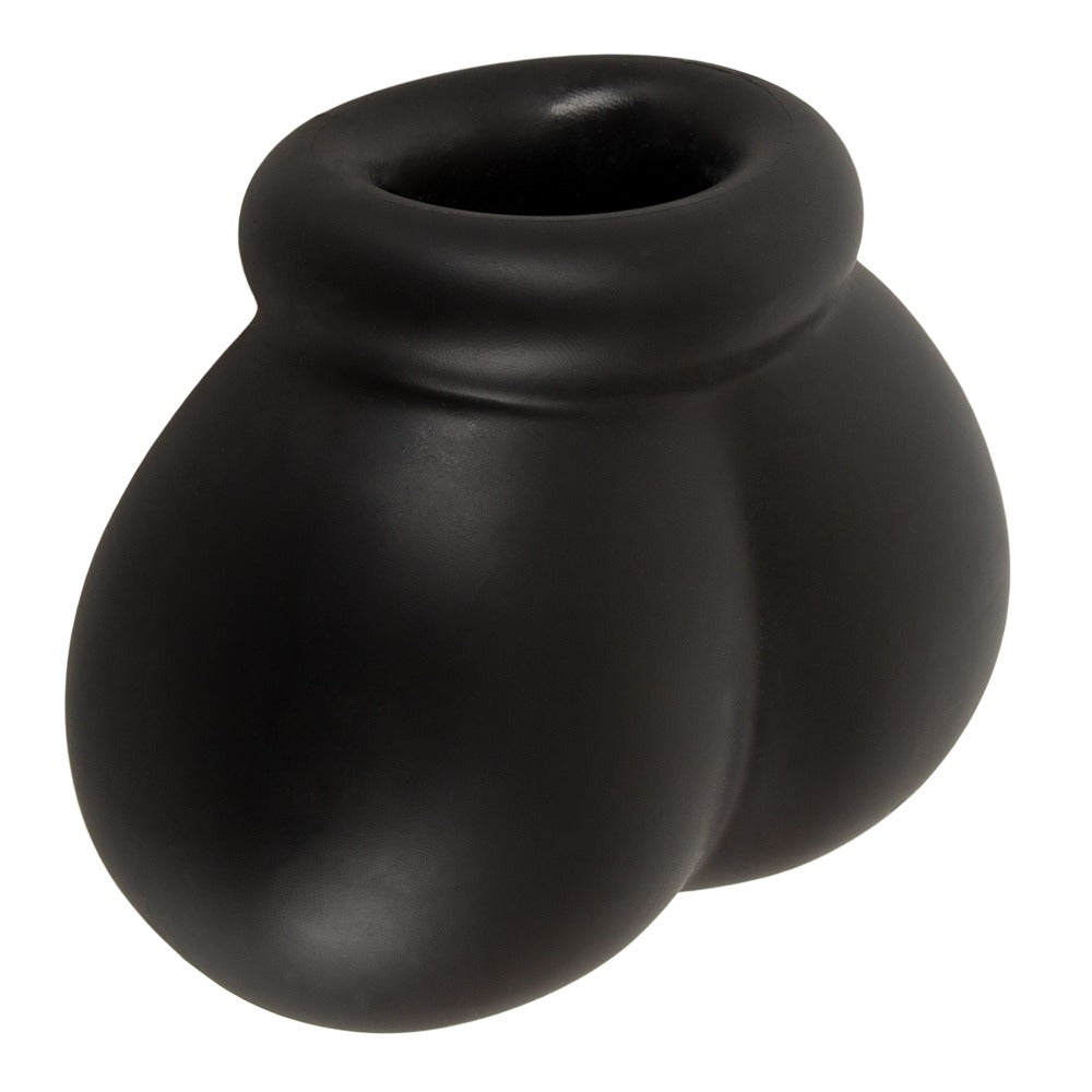 Erecto Ball Bag aus schwarzem Liquid-Silikon in Hauptansicht mit anatomisch geformter Hodenhülle und integriertem Hodenring