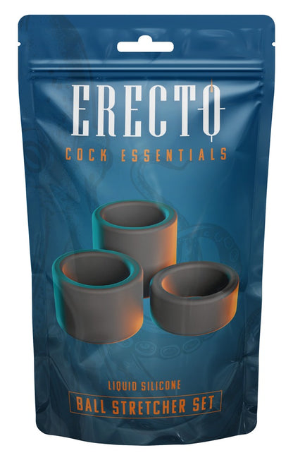 Erecto Ball Stretcher Set in der Originalverpackung mit drei flexiblen schwarzen Hodenringen