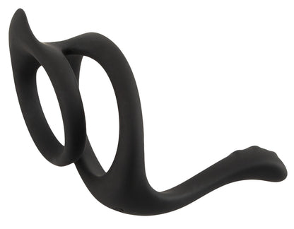 Erecto Cock & Ball Ring aus schwarzem flexiblem Material in Hauptansicht mit Penisring, Hodenring und verlängertem Dammstimulator