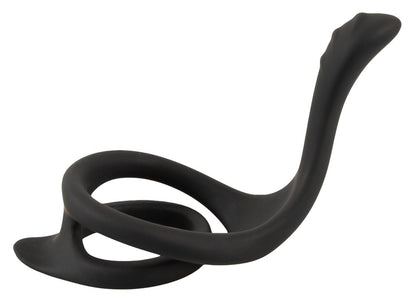 Erecto Cock & Ball Ring in Profilansicht mit verbundenem Penisring, Hodenring und langem Dammstimulator
