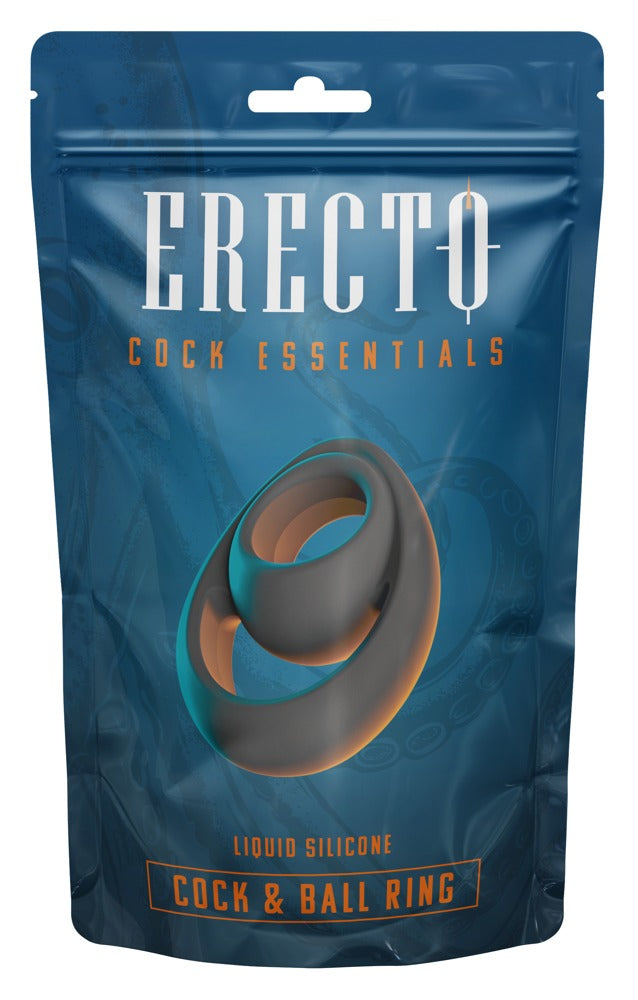 Erecto Cock & Ball Ring aus schwarzem Liquid-Silikon mit Stimulationsspitze in der Originalverpackung