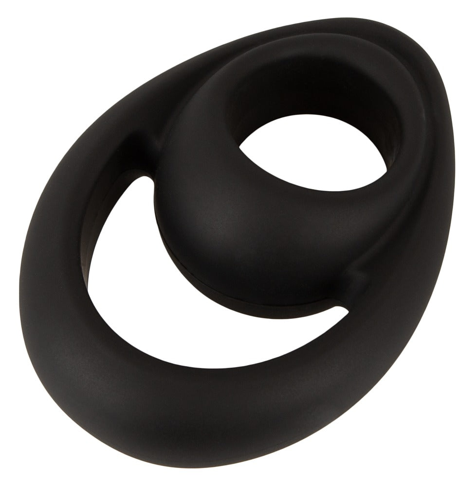 Erecto Cock & Ball Ring aus schwarzem Liquid-Silikon in Hauptansicht mit zwei verbundenen Ringöffnungen und ausgeprägter Stimulationsspitze