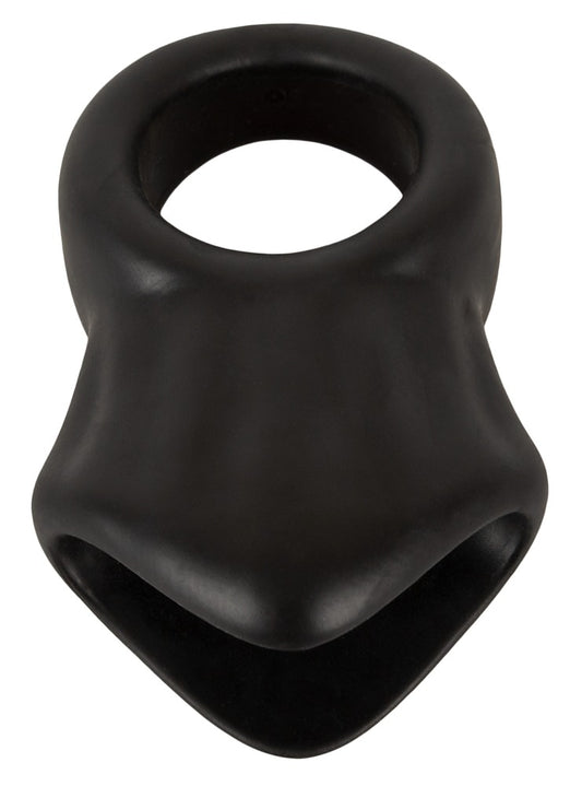 Erecto Cock Ring with Ball Stretcher aus schwarzem Liquid-Silikon in Hauptansicht mit Penisring und anatomisch geformtem Hodenstretcher
