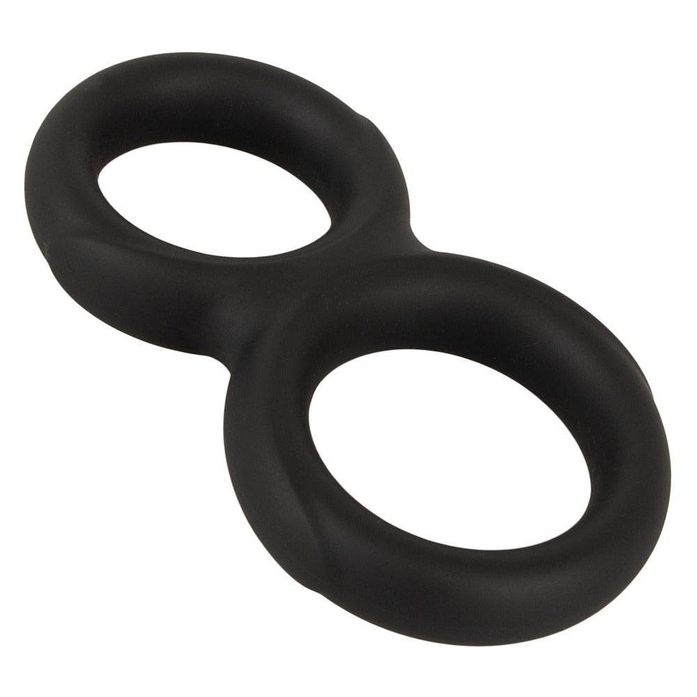 Erecto Double Cock Ring aus schwarzem flexiblem Material in Hauptansicht mit zwei verbundenen Ringöffnungen