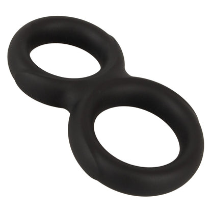 Erecto Double Cock Ring aus schwarzem flexiblem Material in Hauptansicht mit zwei verbundenen Ringöffnungen