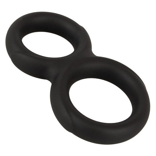 Erecto Double Cock Ring aus schwarzem flexiblem Material in Hauptansicht mit zwei verbundenen Ringöffnungen