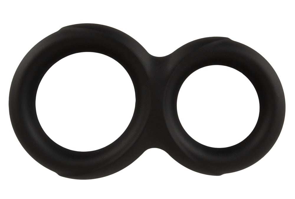 Erecto Double Cock Ring in Vorderansicht mit zwei runden Ringöffnungen aus schwarzem flexiblem Material