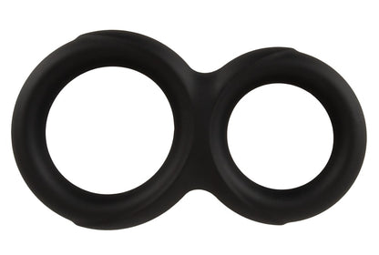 Erecto Double Cock Ring in Vorderansicht mit zwei runden Ringöffnungen aus schwarzem flexiblem Material