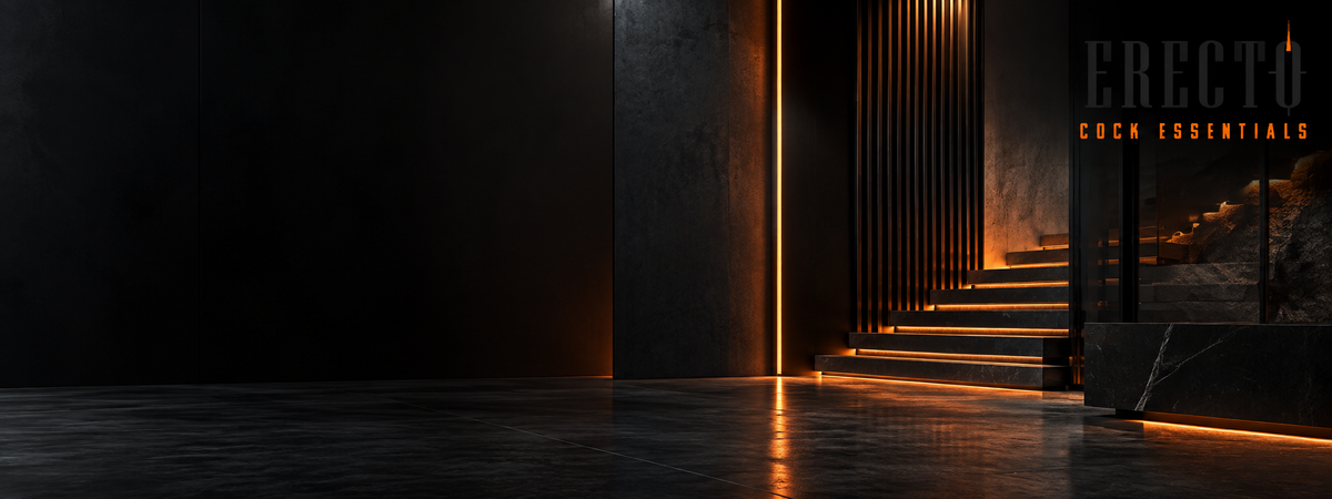 Erecto Markenwelt mit dunkler Architektur, schwarzen Oberflächen und markanten orangefarbenen Lichtakzenten