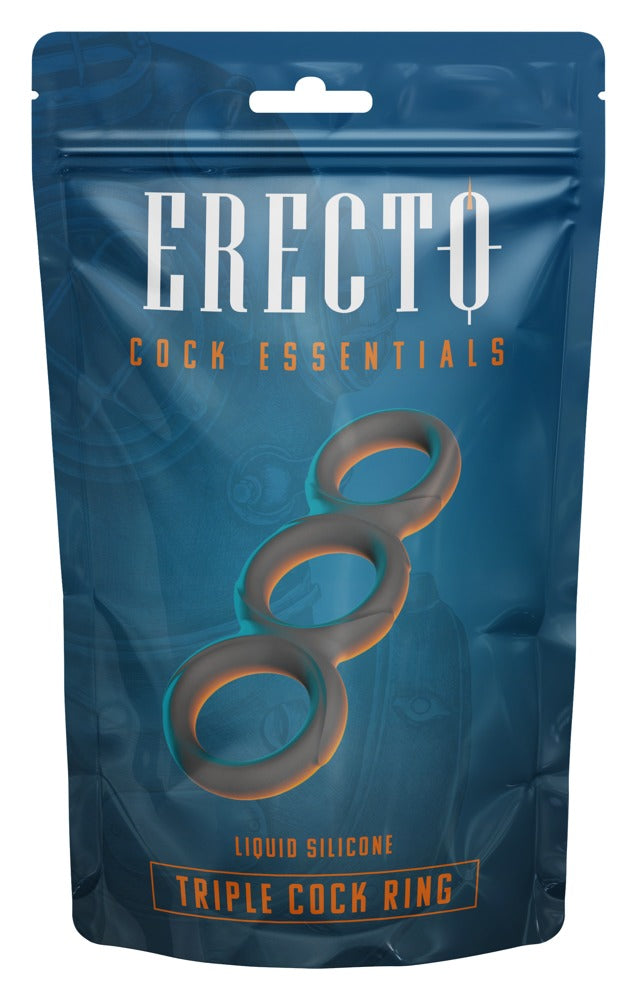 Erecto Triple Cock Ring in der Originalverpackung mit schwarzem flexiblem Ring-Trio aus Liquid-Silikon