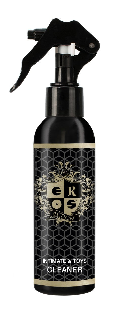 EROS Action Intimate & Toy Cleaner mit Panthenol – schwarze Sprühflasche mit Sprühkopf in frontaler Produktansicht