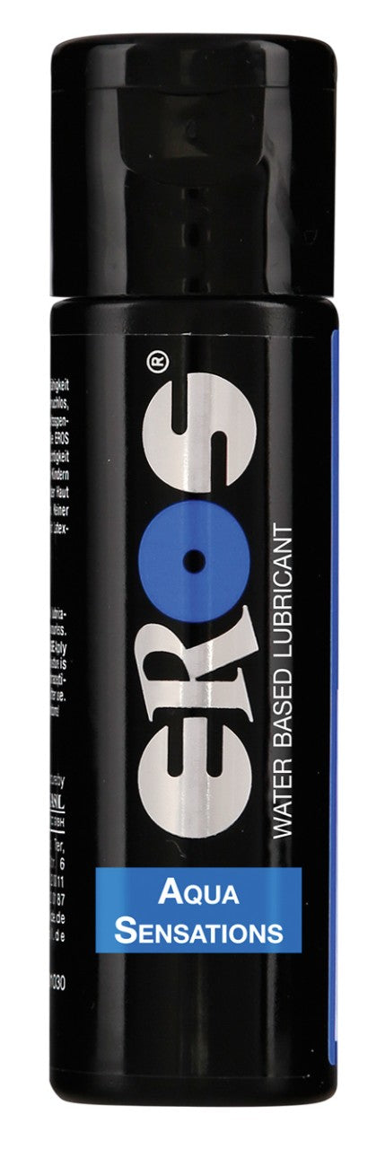 EROS Aqua Sensations Premium-Gleitgel – schwarze Flasche mit blauem Aqua-Sensations-Etikett in frontaler Produktansicht
