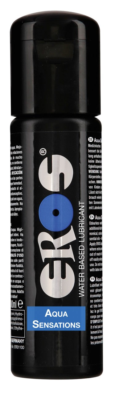 EROS Aqua Sensations Premium-Gleitgel – schwarze Flasche mit blauem Etikett in leicht seitlicher Produktansicht