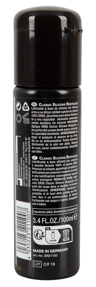 Rückseite der EROS Classic Silicone Bodyglide Flasche mit Produktinformationen