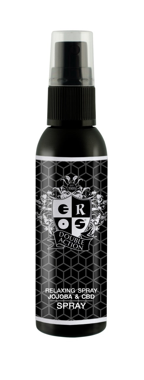 EROS Double Action Verzögerungsspray mit Jojoba und CBD – schwarze Sprühflasche in frontaler Produktansicht