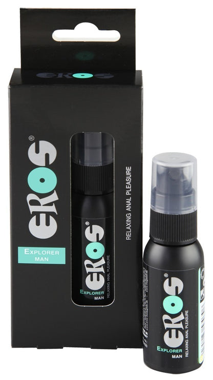 EROS Explorer Man pflegendes Anal-Spray mit Flasche und Originalverpackung in der Produktansicht