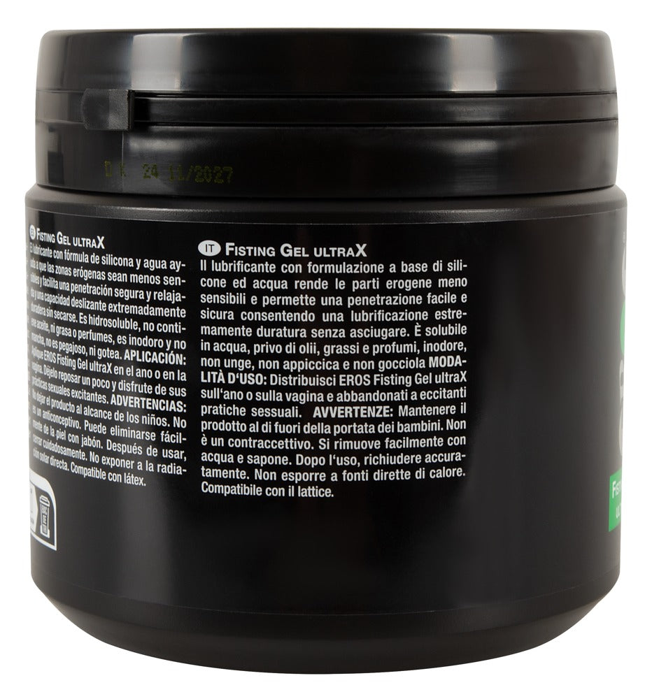EROS Fisting Gel UltraX Hybrid-Gleitgel in detaillierter Rückansicht der Dose
