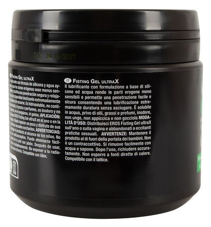 EROS Fisting Gel UltraX Hybrid-Gleitgel in detaillierter Rückansicht der Dose