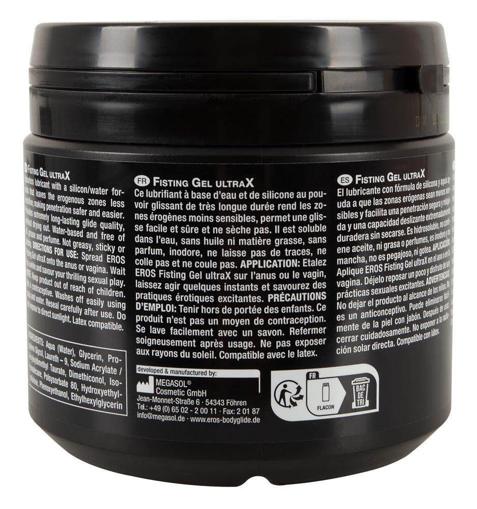 EROS Fisting Gel UltraX Dose mit weiteren Produkt- und Anwendungshinweisen auf der Rückseite