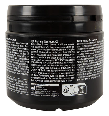 EROS Fisting Gel UltraX Dose mit weiteren Produkt- und Anwendungshinweisen auf der Rückseite