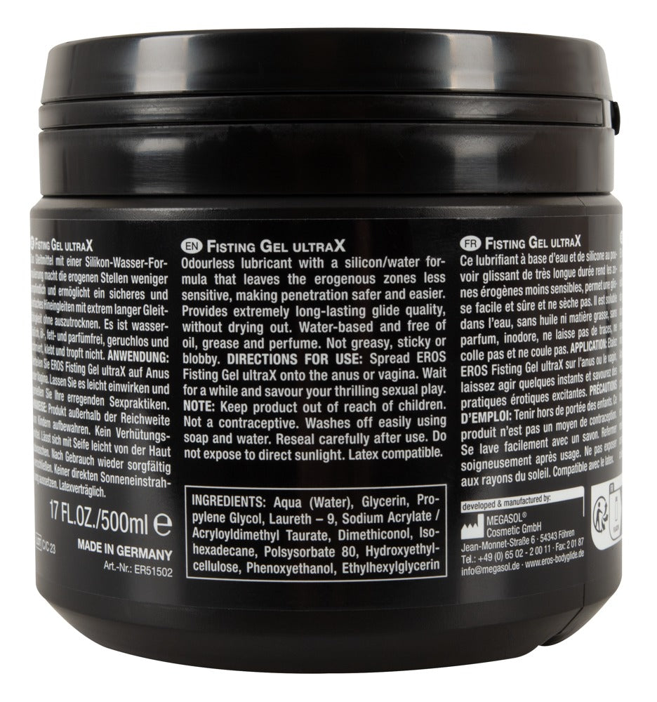 EROS Fisting Gel UltraX Hybrid-Gleitgel in der Dose mit Produktinformationen auf der Rückseite