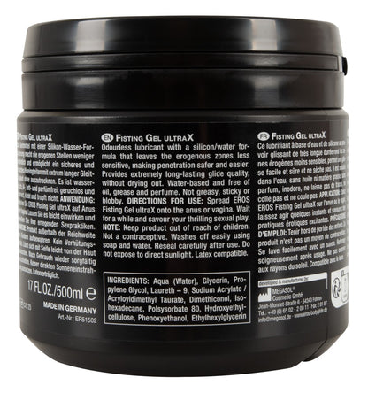 EROS Fisting Gel UltraX Hybrid-Gleitgel in der Dose mit Produktinformationen auf der Rückseite