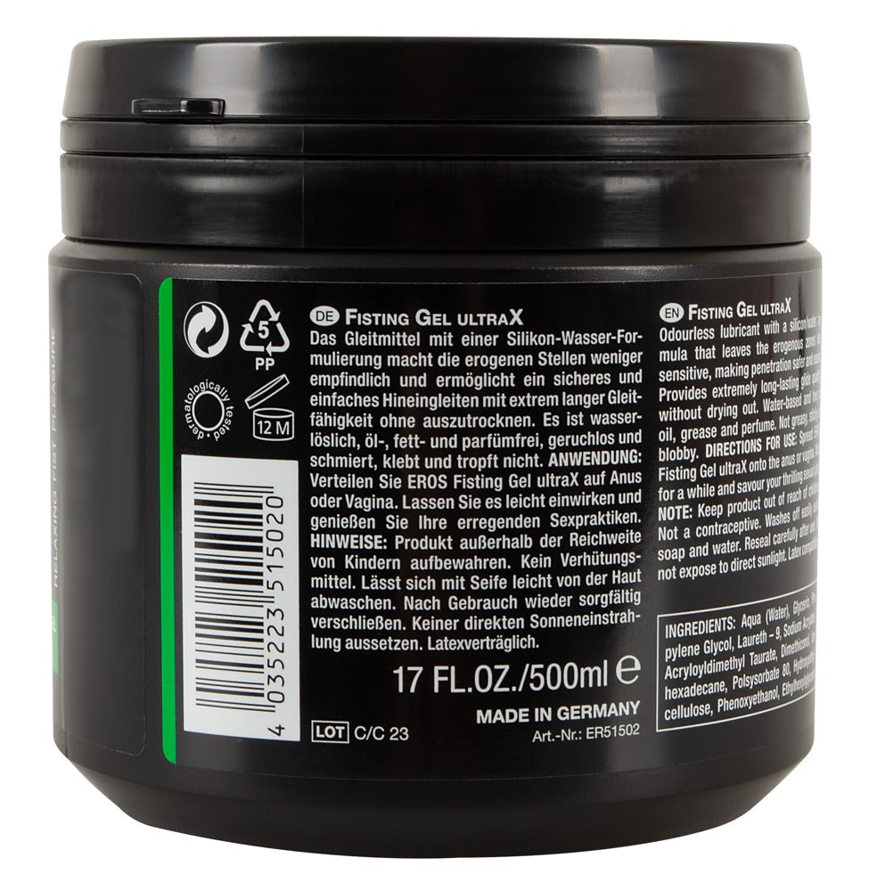 EROS Fisting Gel UltraX Dose in der Seitenansicht mit Barcode und Produktkennzeichnung