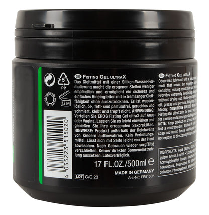 EROS Fisting Gel UltraX Dose in der Seitenansicht mit Barcode und Produktkennzeichnung